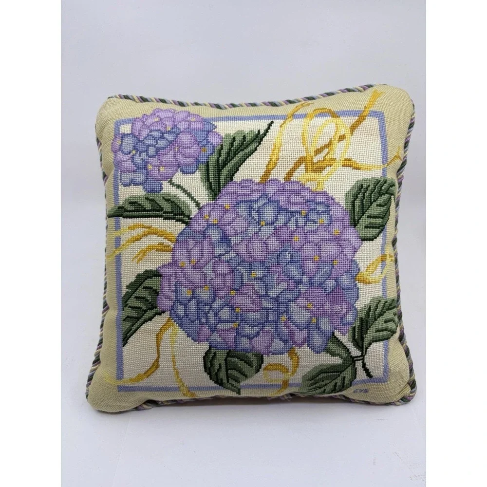 Vintage Blue Hydrangea Needlepoint Pillow